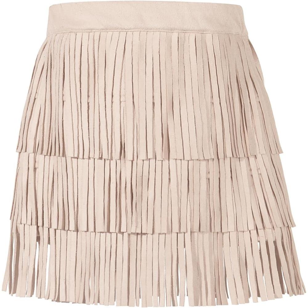 imageNoomelfish Girls and Women Suede Fringe Skirt Boho Tassel Layered Ruffle SkirtBeige