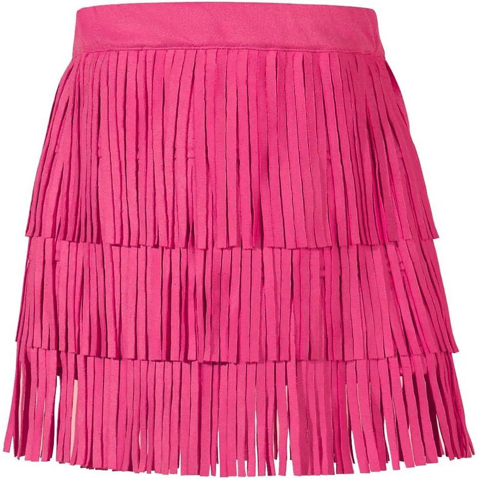 imageNoomelfish Girls and Women Suede Fringe Skirt Boho Tassel Layered Ruffle SkirtHot Pink