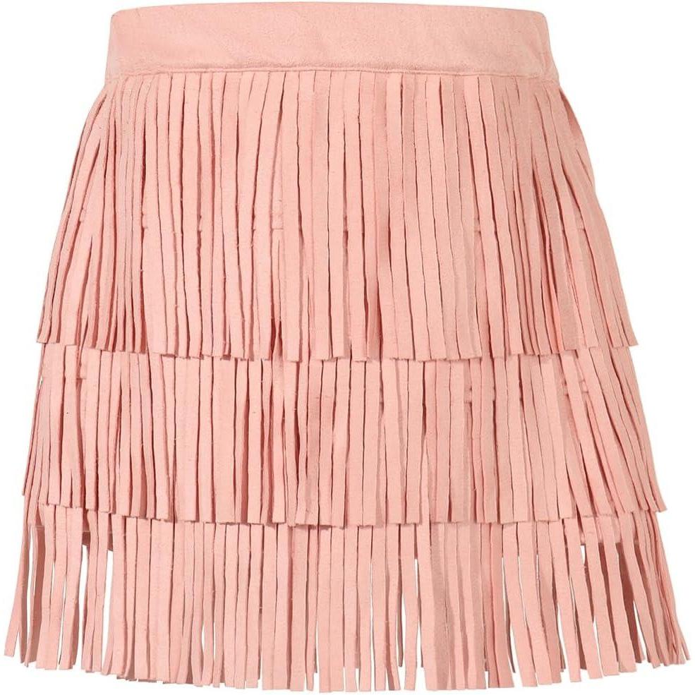 imageNoomelfish Girls and Women Suede Fringe Skirt Boho Tassel Layered Ruffle SkirtLight Pink