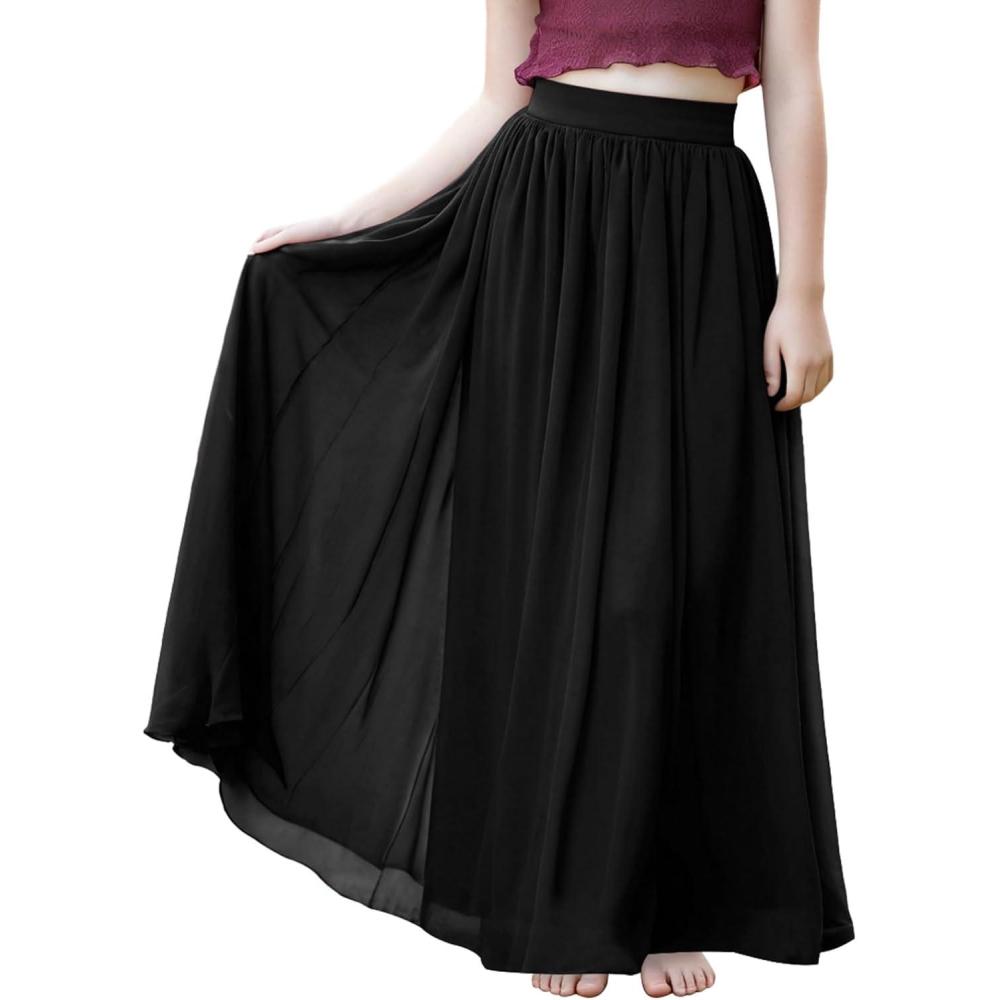 imageNoomlfish Kids Chiffon Pleated Long Skirts Boho Maxi Party Flower Girl Dress 512 YearsBlack