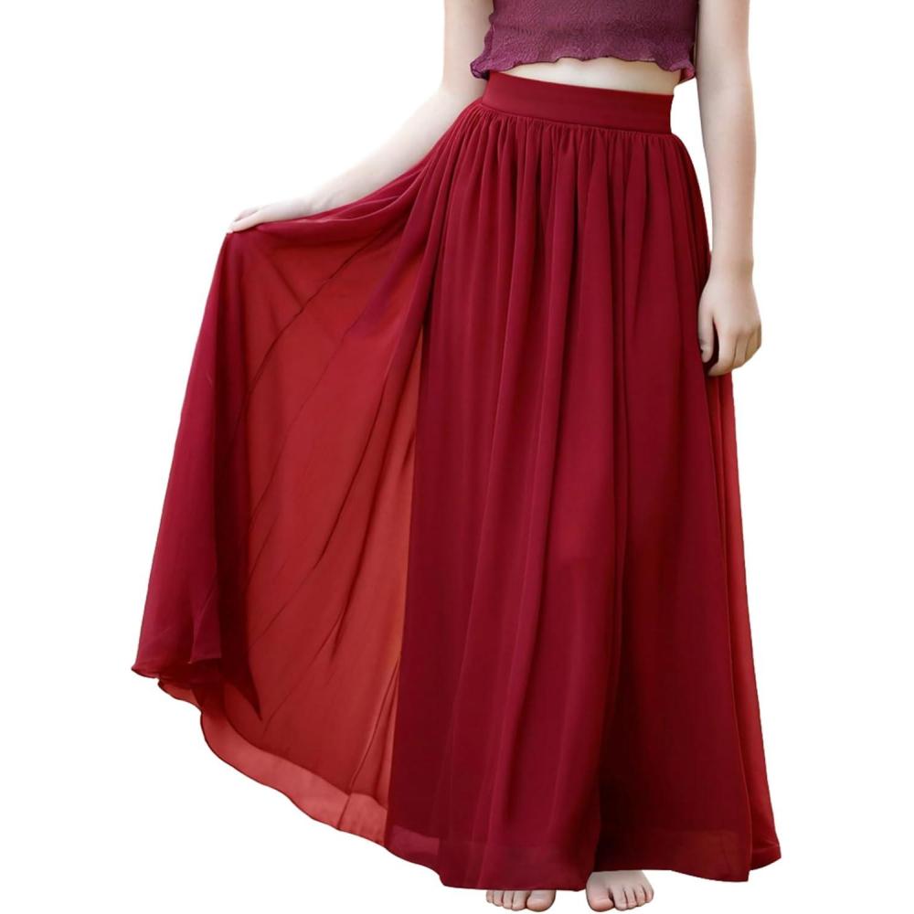 imageNoomlfish Kids Chiffon Pleated Long Skirts Boho Maxi Party Flower Girl Dress 512 YearsWine Red