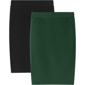 Noomelfish Girls 2 Pack Knee Length Pencil Skirts Plain Stretch Cotton Modest Skirt (5-14 Years)(Black/Green)