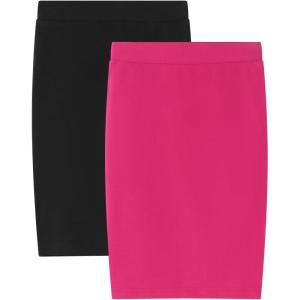 Noomelfish Girls 2 Pack Knee Length Pencil Skirts Plain Stretch Cotton Modest Skirt (5-14 Years)(Black/Hot Pink)