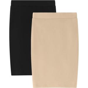 Noomelfish Girls 2 Pack Knee Length Pencil Skirts Plain Stretch Cotton Modest Skirt (5-14 Years)(Black/Khaki)