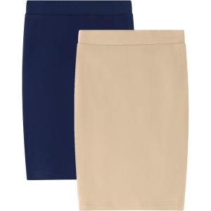 Noomelfish Girls 2 Pack Knee Length Pencil Skirts Plain Stretch Cotton Modest Skirt (5-14 Years)(Navy Blue/Khaki)
