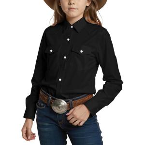 Noomelfish Girls Button Down Pearl Snap Western Shirt Cowgirl Long Sleeve Blouse Tops (5-12 Years)(Black)