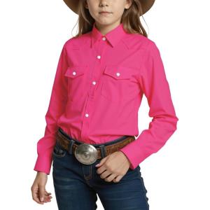 Noomelfish Girls Button Down Pearl Snap Western Shirt Cowgirl Long Sleeve Blouse Tops (5-12 Years)(Hot Pink)