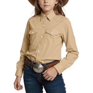 Noomelfish Girls Button Down Pearl Snap Western Shirt Cowgirl Long Sleeve Blouse Tops (5-12 Years)(Khaki)