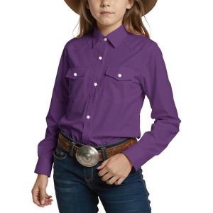 Noomelfish Girls Button Down Pearl Snap Western Shirt Cowgirl Long Sleeve Blouse Tops (5-12 Years)(Purple)