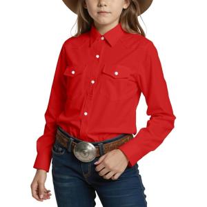 Noomelfish Girls Button Down Pearl Snap Western Shirt Cowgirl Long Sleeve Blouse Tops (5-12 Years)(Red)