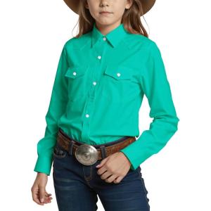 Noomelfish Girls Button Down Pearl Snap Western Shirt Cowgirl Long Sleeve Blouse Tops (5-12 Years)(Teal Blue)
