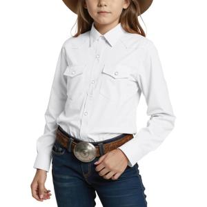 Noomelfish Girls Button Down Pearl Snap Western Shirt Cowgirl Long Sleeve Blouse Tops (5-12 Years)(White)