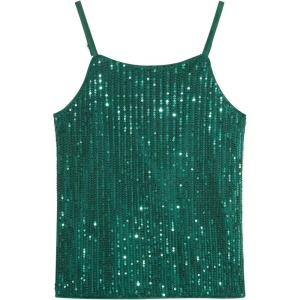 Noomelfish Girls Camisole Sequin Tank Tops Sparkly Glitter Cami Dance Sleeveless Shirt (5-12 Years)(Dark Green)