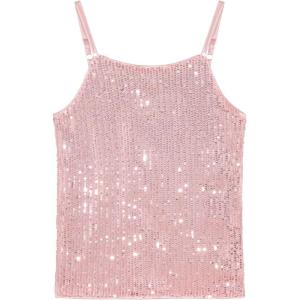 Noomelfish Girls Camisole Sequin Tank Tops Sparkly Glitter Cami Dance Sleeveless Shirt (5-12 Years)(Pink)