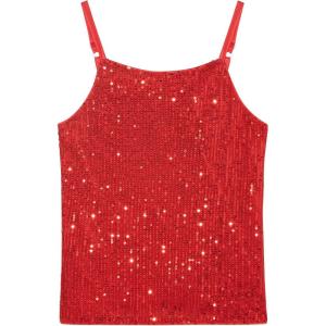 Noomelfish Girls Camisole Sequin Tank Tops Sparkly Glitter Cami Dance Sleeveless Shirt (5-12 Years)(Red)