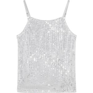 Noomelfish Girls Camisole Sequin Tank Tops Sparkly Glitter Cami Dance Sleeveless Shirt (5-12 Years)(Silver White)
