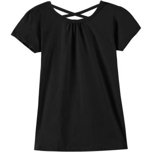 Noomelfish Girls Criss Cross Back T-Shirts Short Puff Sleeve Tee Tops (5-12 Years)(Black)