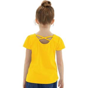 Noomelfish Girls Criss Cross Back T-Shirts Short Puff Sleeve Tee Tops (5-12 Years)(Gold Yellow)