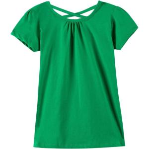 Noomelfish Girls Criss Cross Back T-Shirts Short Puff Sleeve Tee Tops (5-12 Years)(Green)