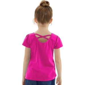 Noomelfish Girls Criss Cross Back T-Shirts Short Puff Sleeve Tee Tops (5-12 Years)(Hot Pink)