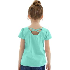 Noomelfish Girls Criss Cross Back T-Shirts Short Puff Sleeve Tee Tops (5-12 Years)(Light Green)