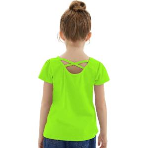 Noomelfish Girls Criss Cross Back T-Shirts Short Puff Sleeve Tee Tops (5-12 Years)(Neon Green)
