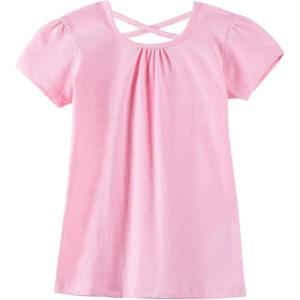 Noomelfish Girls Criss Cross Back T-Shirts Short Puff Sleeve Tee Tops (5-12 Years)(Pink)