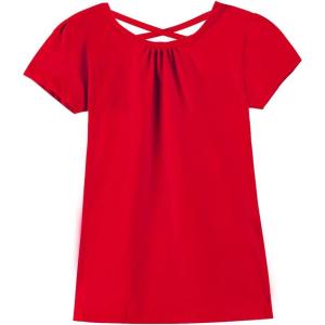 Noomelfish Girls Criss Cross Back T-Shirts Short Puff Sleeve Tee Tops (5-12 Years)(Red)