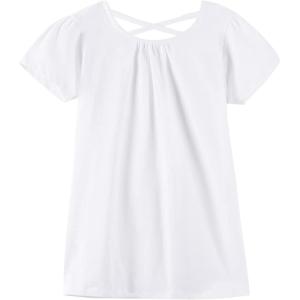 Noomelfish Girls Criss Cross Back T-Shirts Short Puff Sleeve Tee Tops (5-12 Years)(White)