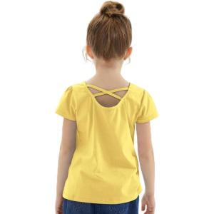Noomelfish Girls Criss Cross Back T-Shirts Short Puff Sleeve Tee Tops (5-12 Years)(Yellow)