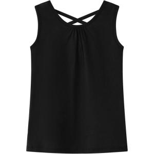 Noomelfish Girls Criss Cross Back Tank Tops Soft Jersey Cotton Sleeveless Shirts (3-12 Years)(Black)