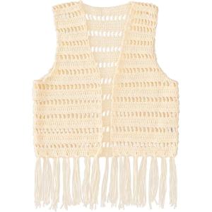 Noomelfish Girls Crochet Fringe Vest Kids Boho Tassels Cardigan Western Cowgirl Outfit (5-12 Years)(Beige)