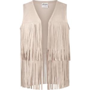 Noomelfish Girls Faux Suede Fringe Vest Sleeveless Boho Tassels Jacket Cardigan (5-12 Years)(Beige)