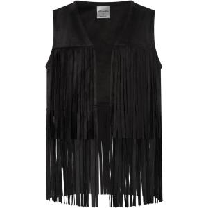 Noomelfish Girls Faux Suede Fringe Vest Sleeveless Boho Tassels Jacket Cardigan (5-12 Years)(Black)