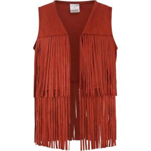Noomelfish Girls Faux Suede Fringe Vest Sleeveless Boho Tassels Jacket Cardigan (5-12 Years)(Brick Red)