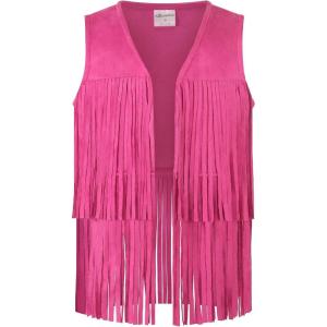 Noomelfish Girls Faux Suede Fringe Vest Sleeveless Boho Tassels Jacket Cardigan (5-12 Years)(Hot Pink)