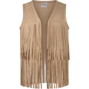 Noomelfish Girls Faux Suede Fringe Vest Sleeveless Boho Tassels Jacket Cardigan (5-12 Years)(Khaki)