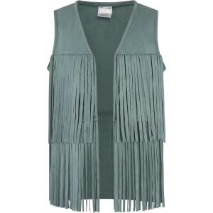 Noomelfish Girls Faux Suede Fringe Vest Sleeveless Boho Tassels Jacket Cardigan (5-12 Years)(Teal Blue)