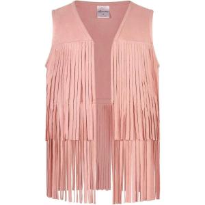 Noomelfish Girls Faux Suede Fringe Vest Sleeveless Boho Tassels Jacket Cardigan, Light Pink, Size 7-8 Years