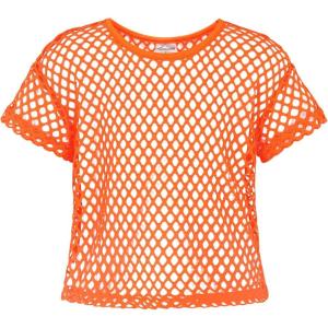 Noomelfish Girls Fishnet Crochet Crop Tops Kids Short Sleeve Mesh Dance T-Shirts Blouse(5-12 Years)(Neonorange)