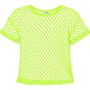 Noomelfish Girls Fishnet Crochet Crop Tops Kids Short Sleeve Mesh Dance T-Shirts Blouse(5-12 Years)(Neonyellow)