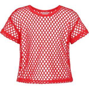 Noomelfish Girls Fishnet Crochet Crop Tops Kids Short Sleeve Mesh Dance T-Shirts Blouse(5-12 Years)(Red)