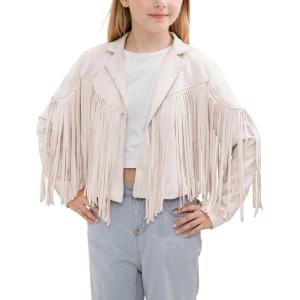 Noomelfish Girls Fringe Faux Suede Leather Jackets Kids Western Tassels Motorcycle Cardigan Cropped Coats (5-14 Years)(Beige White)