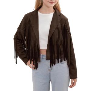 Noomelfish Girls Fringe Faux Suede Leather Jackets Kids Western Tassels Motorcycle Cardigan Cropped Coats (5-14 Years)(Coffee Brown)