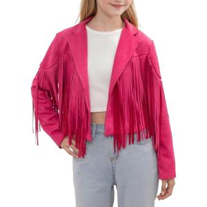 Noomelfish Girls Fringe Faux Suede Leather Jackets Kids Western Tassels Motorcycle Cardigan Cropped Coats (5-14 Years)(Hot Pink)