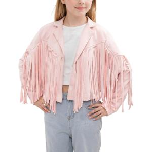 Noomelfish Girls Fringe Faux Suede Leather Jackets Kids Western Tassels Motorcycle Cardigan Cropped Coats (5-14 Years)(Pink)