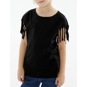 Noomelfish Girls Fringe Sleeve T-Shirts Tassel Casual Summer Tee Tops (5-12 Years)(Black)