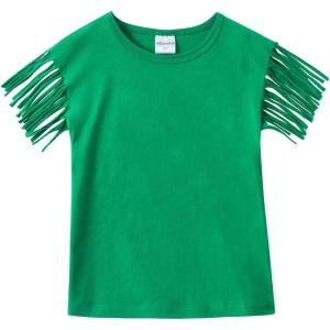 Noomelfish Girls Fringe Sleeve T-Shirts Tassel Casual Summer Tee Tops (5-12 Years)(Green)
