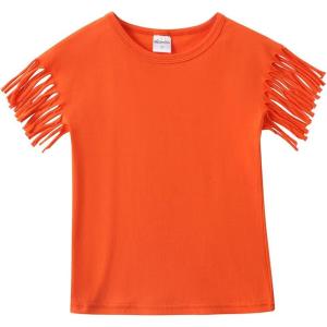 Noomelfish Girls Fringe Sleeve T-Shirts Tassel Casual Summer Tee Tops (5-12 Years)(Orange)
