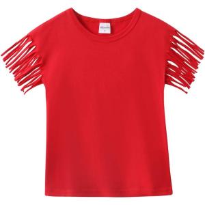 Noomelfish Girls Fringe Sleeve T-Shirts Tassel Casual Summer Tee Tops (5-12 Years)(Red)